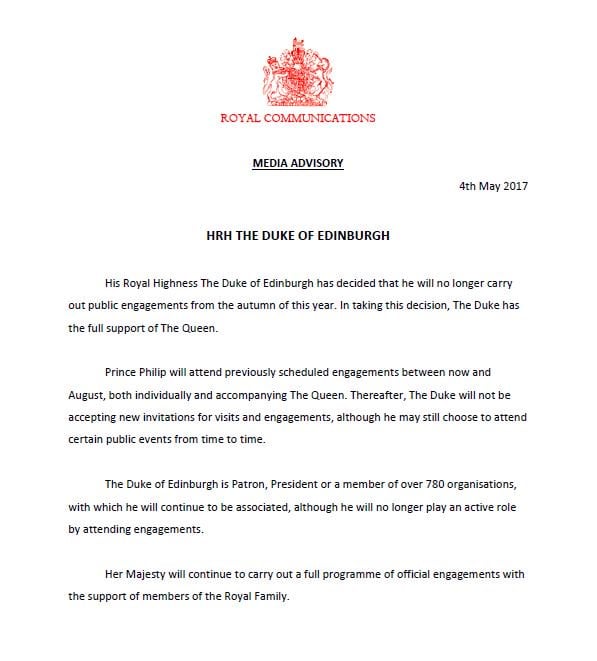 oświadczenie książę Filip emerytura